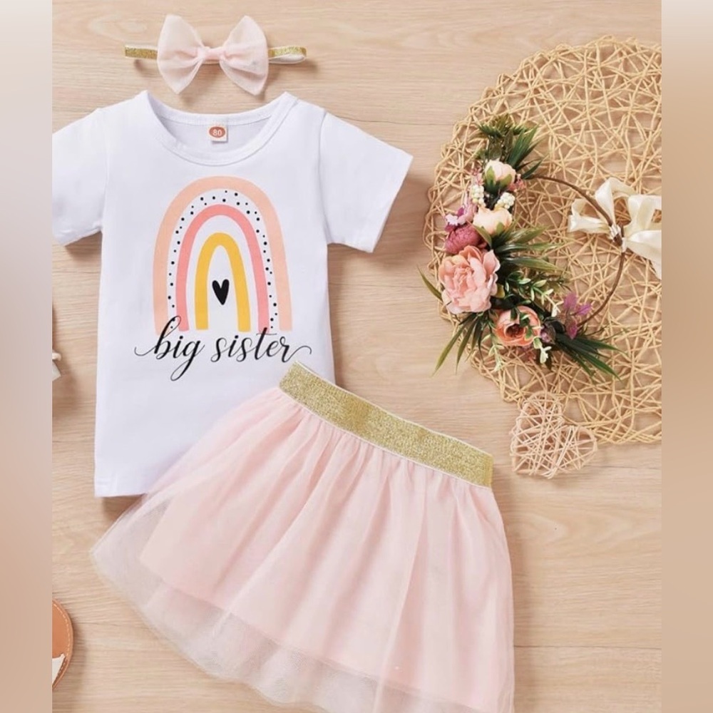Big Sister Rainbow Outfit with Tutu Skirt and Headband Size 2T Pink and white